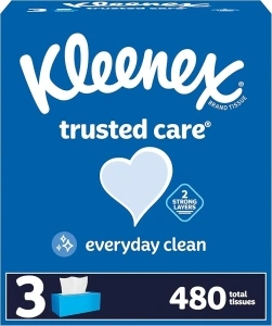 Kleenex Trusted Care Facial Tissues, 3 Flat Boxes, 160 Tissues per Box, 2-Ply (480 Total Tissues), Packaging May Vary