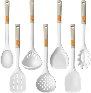 Large Silicone Cooking Utensils Set - Heat Resistant Silicone Kitchen Utensils for Cooking w Wooden Handles, Spatula Set, Kitchen Utensil Gadgets Sets for Non-Stick Cookware, BPA Free (7, White)