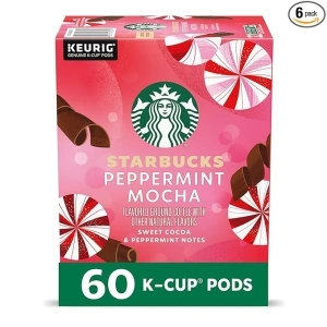 Starbucks K-Cup Coffee Pods, Peppermint Mocha Naturally Flavored Coffee for Keurig Coffee Makers, 100% Arabica, Limited Edition Holiday Coffee, 6 Boxes (60 Pods Total)