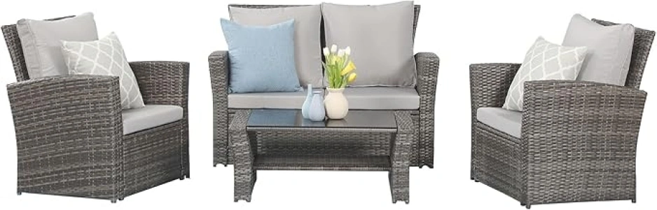 Wisteria Lane 4 Piece Outdoor Patio Furniture Sets, Wicker Conversation Set for Porch Deck, Gray Rattan Sofa Chair with Cushion