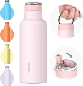 TOURIT Insulated Water Bottle 20 Oz Stainless Steel Water Bottles with Straw and Carry Handle, Double Wall Vacuum Insulation Leak Proof BPA Free Metal Thermos For Sports, Travel, Pink