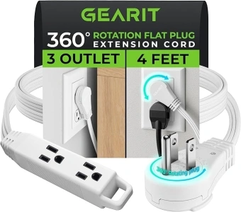 GEARit 360° Rotating Flat Plug Extension Cord (4ft, White) Multi 3-Outlet Extension 16 AWG Wire, Adapter for Small Spaces, Right Angle Socket, ETL Certified - 4 Feet