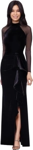 Betsy & Adam Women's Long Velvet Illusion Sleeve Mock Neck Ruched Gown