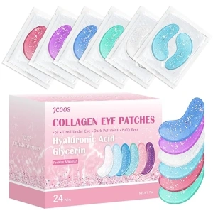 Jcoos Under Eye Patches, Eye Patches for Puffy Eyes and Dark Circles (24 Pairs) Under Eye Mask with Hyaluronic Acid, Collagen Eye Mask Eye Wrinkle Patches 6 Colors Self Care Gifts Wor Women, Travel