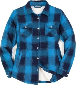 ZENTHACE Women's Flannel Shirt Jacket, Sherpa-Lined Plaid Shacket Jackets, Snap Button Down Outdoor Shirt