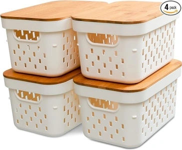 Citylife 4 PCS Storage Baskets with Lids Plastic Baskets for Organizing Stackable Storage Bins with Handle for Shelves, 10.16 x 6.81 x 5.31 inch