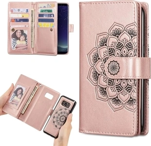 EYZUTAK Mandala Wallet Case for Samsung Galaxy S8 Plus,Detachable 2 in 1 PU Leather Flip Case with Magnetic Button Lanyard (9Card Slots+3Pockets+1Driver's License Pocket)-Rose Gold