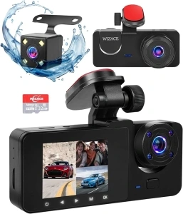 3 Channel Dash Cam Front and Rear Inside with 32GB Card, WIZACE1080P Dash Camera for Cars, Dashcam Three Way Triple Car Camera with IR Night Vision, Loop Recording, G-Sensor, HDR, 24 Hours Recording