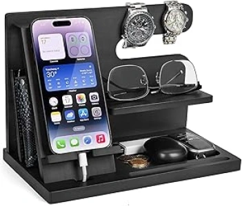 Wood Phone Docking Station - Nightstand Organizer for Cell Phone, Watch, Wallet - Birthday Gift for Men or Husband (Black)