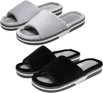 2 Pairs Women's Open Toe Fuzzy Warm Slide Slipper with Indoor/Outdoor Comfort and Arch Support