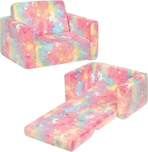 ALIMORDEN 2-in-1 Flip Out Cuddly Sherpa Toddler Couch, Convertible Sofa to Lounger,Glow-in-The-Dark Unicorn Pattern