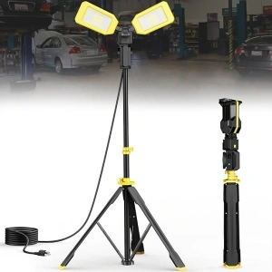 HYPERLITE LED Work Light with Stand: 12000 Lumen 2 Adjustable Head Work Lights with Telescoping Tripod, Waterproof Portable Worklight with 10Ft Cord & 15A Socket for Garage Workshop Construction Site