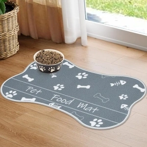 Dog Food Mat, Bone Shaped Water Absorbent Pet Food Mat, Non Slip Placemat for Pets Bowl and Water, Machine Washable Feeding Mats for Pets, Small 12'' x 19''(Cute Paw, Light Grey)