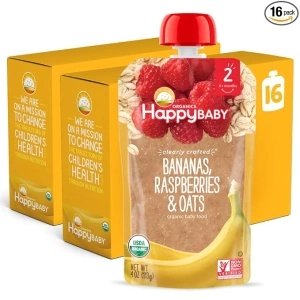 Happy Baby Organics Clearly Crafted Stage 2 Baby Food, Bananas, Raspberries & Oats, 4 Ounce Pouch (Pack of 16) packaging may vary