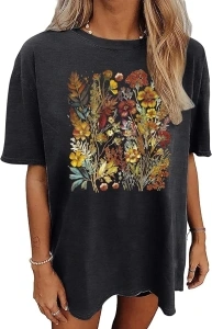 Graphic T Shirts for Women Oversized Tshirt Flower Graphic Tee Ladies Boho Wildflower Casual Summer Tops