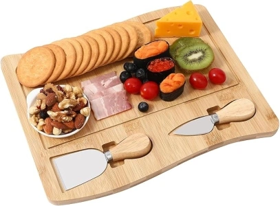 Cheese Board and Knife Set, Wave Shaped Charcuterie Board with Two Knives, Cheese Cutting Platter, Bamboo Serving Tray for Family Daily Use, Parties,Picnics