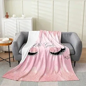 Eyelash Throw Blanket for Kids Adult,Gradient Pink Fluid Ink Fleece Blanket Sofa Bed Decor,Gift for Girls,Girly Bling Bling Starry Sky Flannel Blanket Soft,Butterfly Lash Sherpa Blanket Warm,Queen