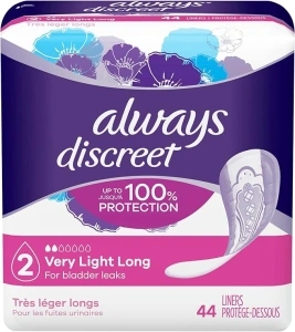 Always Discreet Incontinence Liners for Women, Very Light Absorbency, Long Length, 44 Count