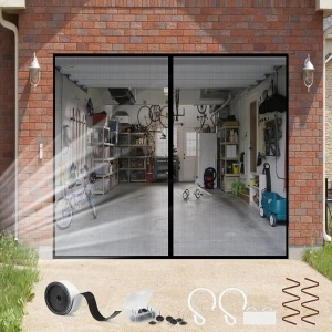 Garage Door Screens - Reinforced Fibreglass Garage Screen Door Magnetic Closure, self-Sealing fibreglass mesh, Easy to Assemble and Pass Through (Black 74