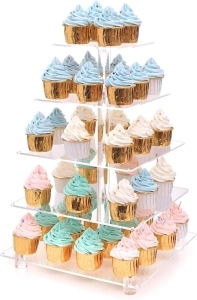 Antimbee 5 Tier Cupcake Stand, Clear Acrylic Cupcake Holder - Square Tower Display for Dessert Table LED Light String, Cupcake Stand for Weddings/Birthday/Anniversary/Dating/Party Events