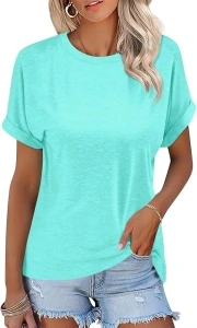 Women's T-Shirts Rolled Short Sleeve Shirts Crewneck Summer Tops Solid Loose Casual Tees Shirts