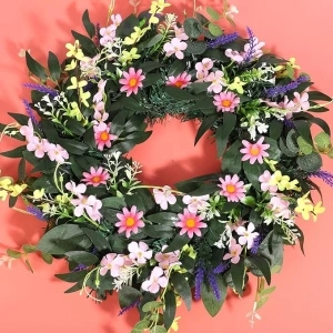 Spring Wreath 21'' Summer Wreath for Front Door,Artificial Pink Daisy & Green Eucalyptus Leaf Wreath for Farmhouse Porch Home Wall Window Festival Decor