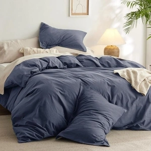 Bedsure Comforter Set Queen Size Denim Blue - Cotton Fabric with Microfiber Inner Fill, Queen Comforter Set for All Seasons, 3 Pieces, 1 Comforter (90