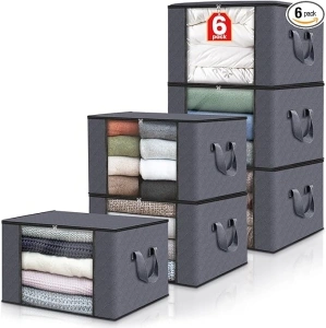 Fab totes 6 Pack Clothes Storage, Foldable Blanket Storage Bags, Storage Containers for Organizing Bedroom, Closet, Clothing, Comforter, Organization and Storage with Lids and Handle, Grey