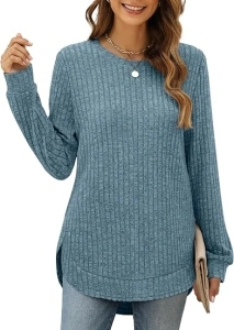 XIEERDUO Women's Tunic Tops Long Sleeve Shirts High Low Curved Hem Crewneck Sweater Loose Fit