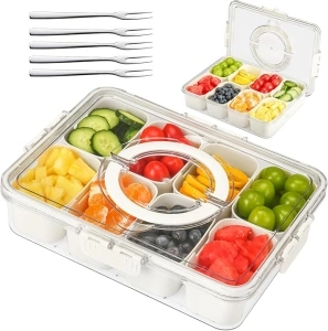 Snackle Box Container, Divided Serving Tray with Lid and Handle, 8 Compartments Serving Platters and 5 Stainless Steel Forks, Perfect for Organizing and Storing Candy, Fruits, Nuts, Snacks