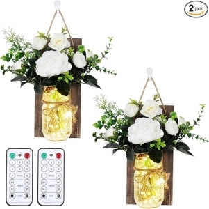 Anpro Mason jars sconces with Lights,Decorative Mason Jar Wall Decor,Rustic Wall Sconces with 6-Hour Timer LED Fairy Lights and Flowers (2 pack) Iron Hooks for Christmas,Halloween Decorations