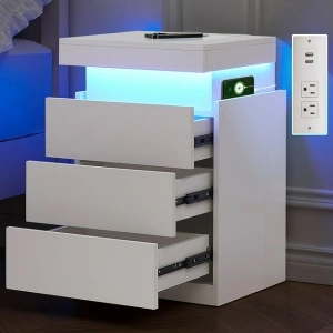 MONVANE Modern LED Nightstand with 3 Drawers , White Nightstand Bedside Table Storage with Drawer Charging Station for Bedroom