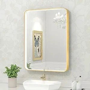 24x32 Inch LED Bathroom Mirror with Lights, Gold Metal Framed LED Mirror for Bathroom, 3 Colors and Stepless Dimmable Wall Mounted Lighted Bathroom Vanity Mirror, Anti-Fog, Memory