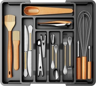 Pipishell Expandable Silverware Organizer, Adjustable PP Plastic Utensil Drawer Organizer, Cutlery Kitchen Drawer Organizer with Upgraded Sliding Track for Knife, Fork & Spoon Storage, Black, PIBCT04B