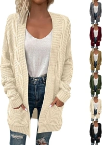 Women's Cable Knit Long Sleeve Open Front Cardigan Oversized Lightweight Cardigan Sweaters Cover Up with Pockets