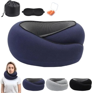 Neck Pillows for Travel, Airplane Pillow, Memory Foam for Kids & Adults Travel Pillow, 360 Degree Comfort and Breath Neck Pillow, Stowable U-Shaped Pillow with 3D Eye Mask (Dark Blue)