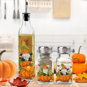 Fall Decorations Oil & Vinegar Bottle Salt and Pepper Shaker Set, Fall Gnome Kitchen Decor Set 17oz Glass Olive Oil Dispenser Bottle and Salt Pepper Shaker Autumn Pumpkin, Fall Gifts Decor for Kitchen
