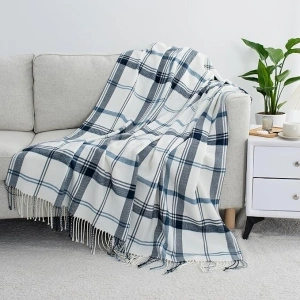 Blue and White Plaid Throw Blanket for Couch,60