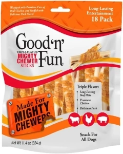 Good 'n' Fun Triple Flavor Mighty Chewer Sticks, 18 Count, Rawhide Chews for All Dogs