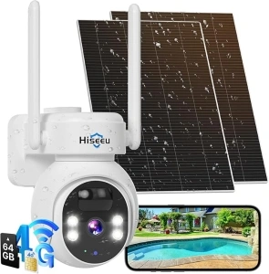 Hiseeu No WiFi Security Camera, [24/7 Recording] 4G Cellular Security Cameras Wireless Outdoor, 20W Solar Cameras 360°PTZ, 2K Night Vision, 2-Way Talk, 20000mAh Battery, 64G SD & SIM Card