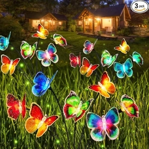 Solar Garden Lights, 3 Pack Lifelike Swaying Butterfly Solar Lights for Outside, 7 Color Changing Waterproof Outdoor Solar Lights for Yard, Solar Firefly Lights Pathway Garden