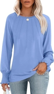 ANRABESS Women's Tops Dressy Casual Long Sleeve Pleated Shirts Crewneck Loose Basic T-Shirt Blouses 2024 Trendy Fall Clothes