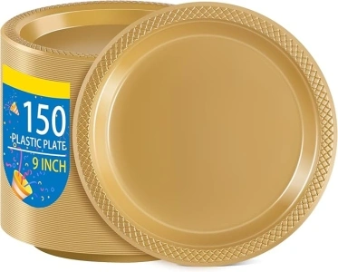 WELLIFE Gold Party Plates 9 Inch -150 Count Plastic Plates for Party, Disposable Plastic Plates Set for Party Supplies & Dessert Plates