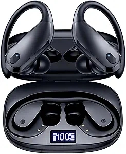 GNMN Wireless Earbuds Bluetooth Headphones Over Ear Buds 90H Playback IPX7 Waterproof Sports Earphones Deep Bass with Wireless Charging Case Dual LED Power Display Earhooks Headset for Running Black