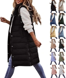 Women's Long Vest Sleeveless Lightweight Puffer Jacket Packable Hooded Down Coat Quilted Vest with Hood Winter