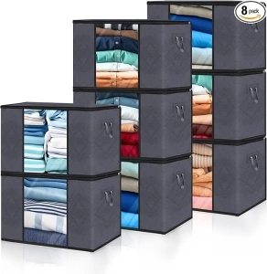 Clothes Storage Bags, Closet Organizers and Storage Containers for Clothes, Bedding & Blankets, Foldable Bedroom Organization Solution with Window, Handles & Zippers - 8 Pack,Grey