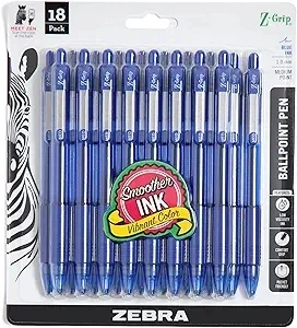Zebra Pen Z-Grip Retractable Ballpoint Pen, Medium Point, Blue Ink, 18-Pack, Model Number: 22258