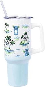 Silver Buffalo Disney Lilo and Stitch Vintage Sketch Palm Trees and Flowers Stainless Steel Tumbler with Handle and Straw, Fits in Standard Cup Holder, 40 Ounces