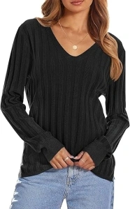 MEROKEETY Women's 2024 Fall V Neck Sweater Long Sleeve Ribbed Knit Casual Slim Fitted Pullover Top