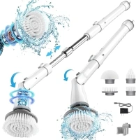 Electric Spin Scrubber, Shower Scrubber Cordless with 4 Replacement Head, 1.5H Electric Scrubber for Cleaning with Long Handle for Bathroom, Grout, Tub, Tile, Floor (White)